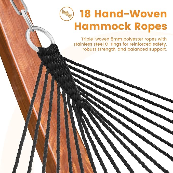 Lazy Daze Hammocks 10.5 FT Double 2 Person Caribbean Rope Hammock, Hand Woven Polyester Hammock with Spreader Bars, for Outside Outdoor Backyard Patio Poolside, 450 LBS Capacity, Black/White