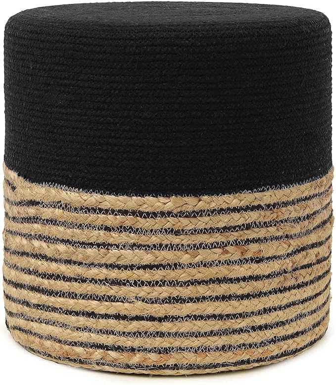 REDEARTH · Cylindrical Pouf Ottoman - Braided Pouffe Accent Sitting Round Footrest for Living Room, Bedroom, Nursery, kidsroom, Patio, Gym; 70% Cotton 30% Jute, (14.5X14.5X16; Black Natural)