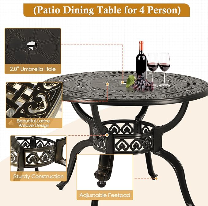Cast Aluminum Outdoor Patio Dining Set, All Weather Outdoor Furniture Dining Set for Patio, Balcony, Lawn, Garden, Backyard (1 Round Table+4 Red Swivel Dining Chairs)