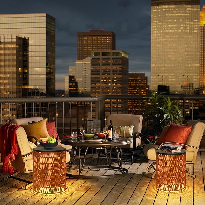 HMVPL Outdoor Side End Table with Dimmable Light Remote Control,2-Pack Small Round Patio Table with Timing Light,Outside Plastic Rattan Accent Bistro Desk for Poolside Backyard Balcony Gazebo Indoor