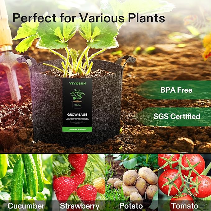 VIVOSUN 5-Pack 15 Gallon Plant Grow Bags, Heavy Duty Thickened Nonwoven Fabric Pots with Handles