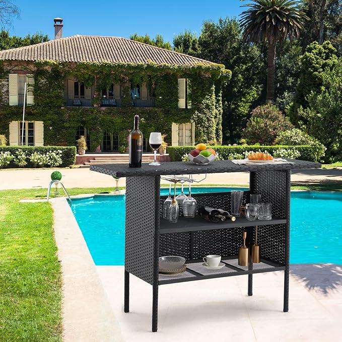 ECOTOUGE Black Wicker Bar Table, Outdoor Patio Console Table Serving Table, Mini Outdoor Bar Patio Counter with Steel Shelves & Hanging Wine Glasses, Ideal for Garden, Backyard