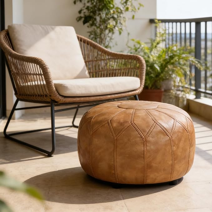 Thgonwid Unstuffed Moroccan Faux Leather Pouf Ottoman with Storage - Handmade Boho Chic Multi-Use Footrest for Living Room, Bedroom, Patio - Round Ethnic Floor Cushion & Decorative Accent, Khaki