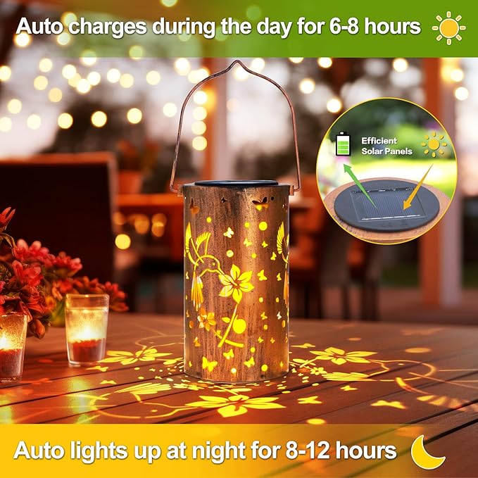 2 Pack Solar Lanterns Outdoor Waterproof Hummingbirds Birthday Gifts for Women Mom Grandma Garden Decor Hanging LED Decorative Light for Patio Yard Lawn Gardening Gifts