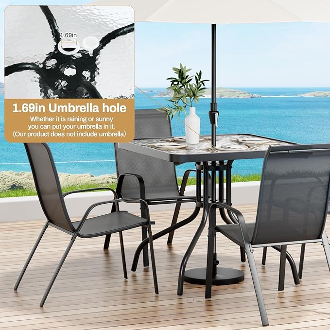 Arlopu 5 Piece Outdoor Patio Dining Set (Umbrella not Included), Porch Furniture with 4 Textline Chairs, 1 Square Glass Table for Garden, Backyard and Poolside, Lawn (Black)