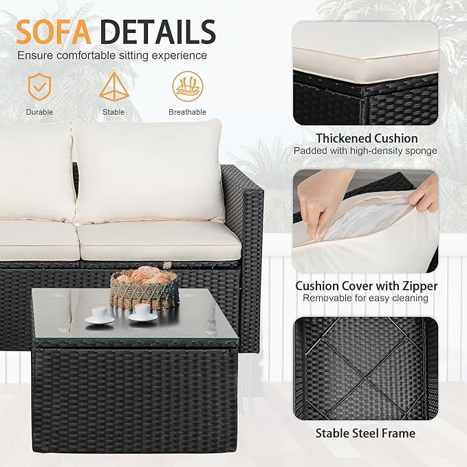 Shintenchi Outdoor Patio Furniture Sets, Small Outdoor Sofa Patio Sectional Sets 3-Piece All Weather Wicker Rattan Patio Seating Sofas with Glass Coffee Table and Cushion (Beige)