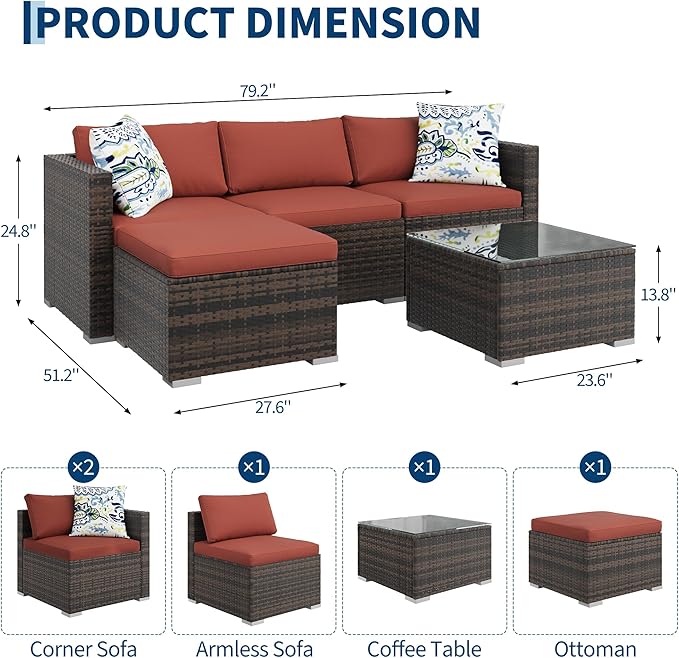 GAOMON 5-Piece All-Weather Patio Furniture Set, Convertible Outdoor Sectional Sofa with Ottoman & Tempered Glass Table, PE Rattan Conversation Set for Garden, Backyard, Porch, Poolside