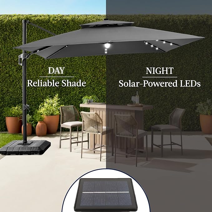 Best Choice Products 9x12ft LED Cantilever Patio Umbrella w/Base Included & 360° Rotation, Large Solar Offset Hanging Outdoor Sun Shade for Deck, Backyard Table w/Stand & Lights – Gray
