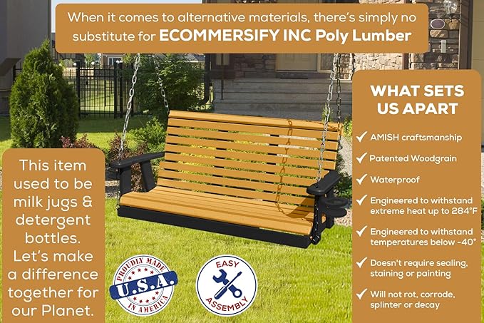 Poly Lumber Wood 4FT Porch Swing Amish Craftsmandship Made in USA HDPE with No wood fibers and 1000 lbs Limit. Stainless Steel Hardware.Signature Rollback design for Patio Outdoor Backyard Garden Park