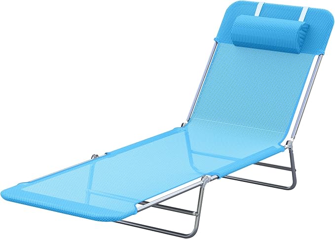 Outsunny Folding Chaise Lounge Pool Chairs, Outdoor Sun Tanning Chairs with Pillow, Reclining Back, Steel Frame & Breathable Mesh for Beach, Yard, Patio, Blue