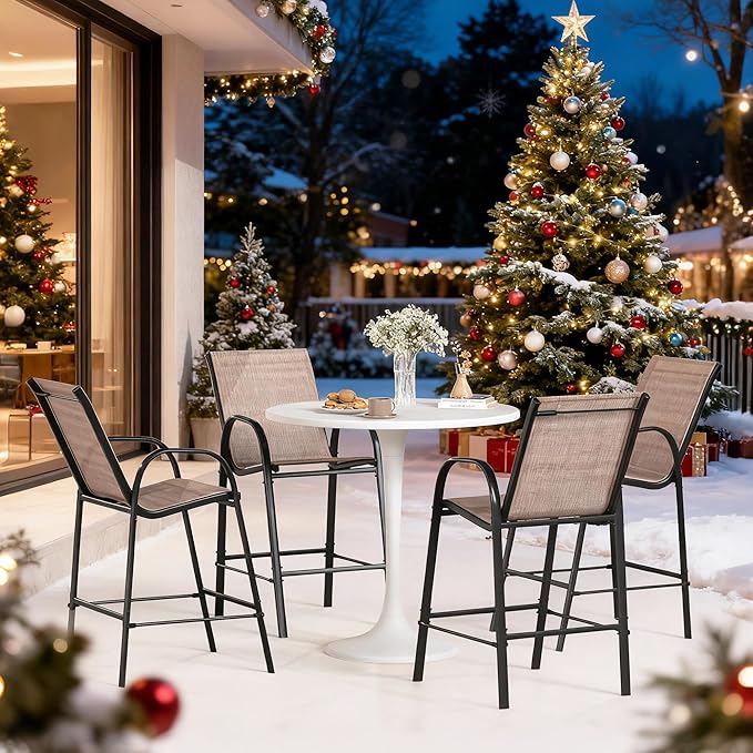 HOMREST Outdoor Bar Height Stools Set of 8,High Back Patio Chairs with Armrests,Textilene Chairs with Breathable Fabric & Metal Frame for All Weather,Brown