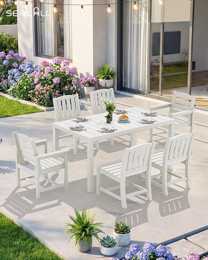 SERWALL 7-Piece Outdoor Dining Set, 60" - 83" Expandable Outdoor Dining Table and 6 HDPE Chairs, All Weather HDPE Outdoor Furniture Set for Backyard, Garden, White