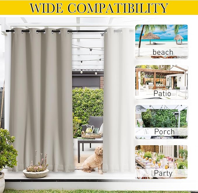 NICETOWN 2 Panels Outdoor Curtains for Patio Waterproof & Windproof, Extra Wide Grommet & Back Tab on Top & Bottom Thermal Insulated Sun Blocking Drapes with Rope for Deck, Natural, W100 x L84