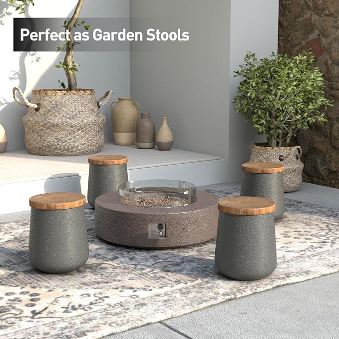 SUNBURY Outdoor Side Table, 13" W Black Outdoor End Tables Set of 2, Patio Accent Side Table, Concrete Garden Stool Wooden-Look Top for Livingroom, Garden, Backyard