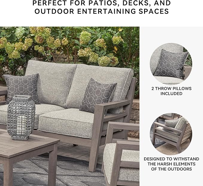 Signature Design by Ashley Hillside Barn Contemporary Nuvella Weather Resistant Fabric Outdoor Loveseat with Cushion and 2 Throw Pillows, Light Brown & Light Gray