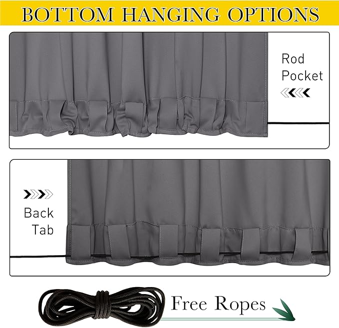 NICETOWN 2 Panels Grey Outdoor Curtains Waterproof Extra Long for Patio, Windproof Top & Bottom Pocket & Back Tab Weighted Blackout Outdoor Drapes Keep Privacy with Rope for Fixed, W52 x L108