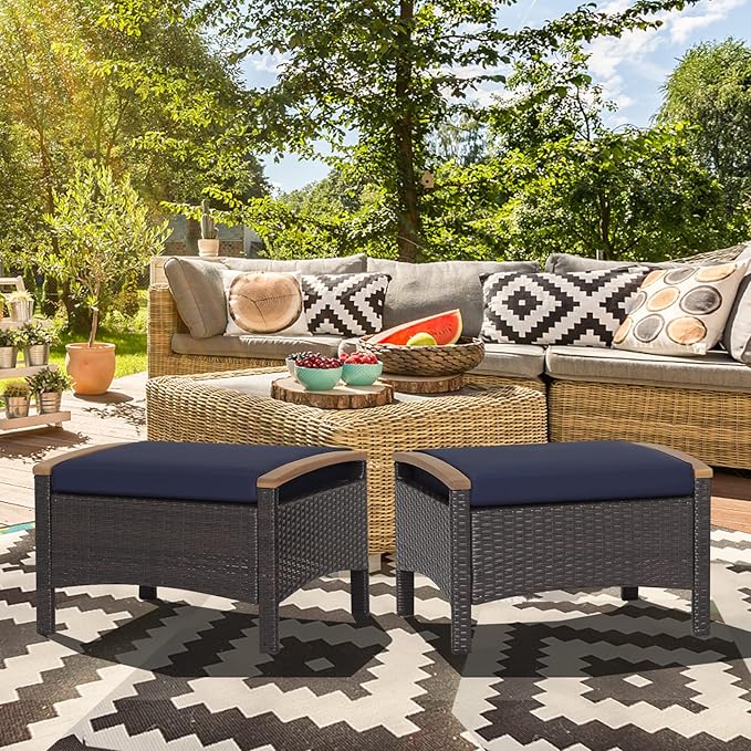 RELAX4LIFE Outdoor Wicker Ottomans for Patio - 2 Pieces PE Rattan Ottoman, Footrest Seat with Zippered Cushions, Acacia Wood Handles, 3-in-1 Footstool, Side Table for Poolside, Backyard (Navy)