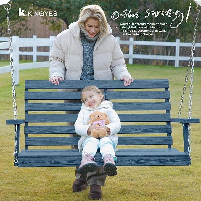 KINGYES Outdoor Hanging Patio Swing Set of 2, 2 Seat Swing Chair with Cup Holders, Waterproof Bench for Courtyard & Garden, 660LBS Weight Capacity, Blue