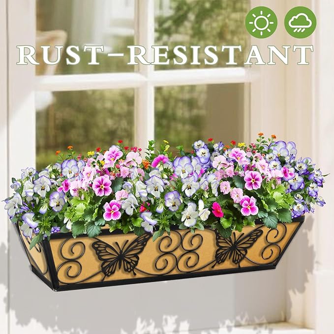 4 Pack 24 Inch Window Boxes Planters Railing Planter Box with Adjustable Brackets for Porch Fence Patio Balcony Hanging Flower Baskets with Woven Fabric for Outdoor Garden Decor - Black