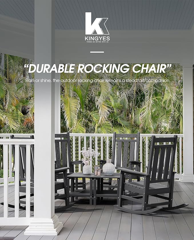 KINGYES Oversized Outdoor Rocking Chair, All-Weather Patio Rocking Chairs for Porch, HDPE Outdoor Patio Rockers with High Back & Wide Seat for Garden, Lawn, Black
