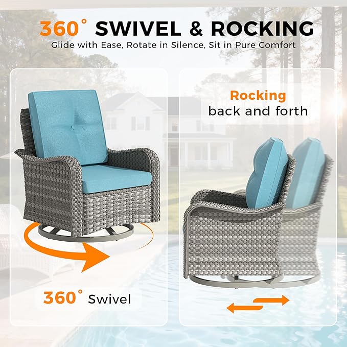 8-Seat Outdoor Wicker Patio Furniture Set with Fire Pit Table, Modular Rattan Sectional Sofa & 2 Swivel Rocking Chairs, 4" Thick Cushions, Rust-Resistant Frame,Blue