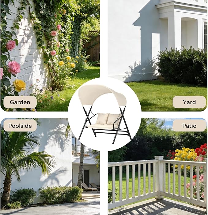 U-MAX 2 Seat Outdoor Porch Swings for Adults Patio Swings with Canopy Stand Metal Steel Frame Patio Swing Chair for Garden Yard Deck Poolside Easy Assembly, Cream White