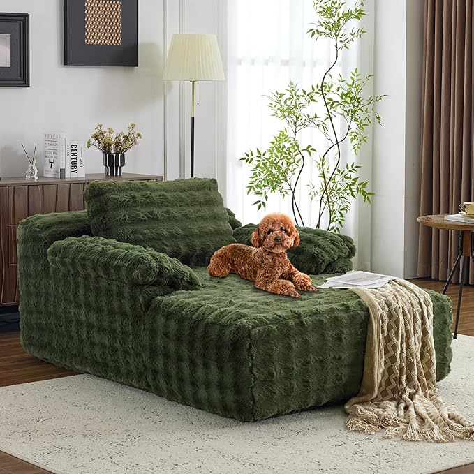 VINGLI 67.7" Oversized Chaise Lounge Chair Indoor Reading Chairs Comfy Bubble Fleece Upholstered Boneless Sofa Bed Sleeper Sofa Cloud Couches for Living Room, Bedroom, Play Room (Green)