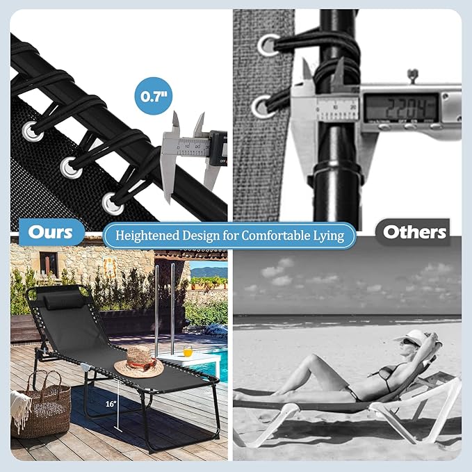 GYMAX Lounge Chairs for Outside, Extra High Folding Beach Tanning Lounger with 4-Level Adjustable Backrest, 2-Level Footrest & Removable Pillow, Sunbathing Lounge for Patio, Lawn, Poolside (1, Black)