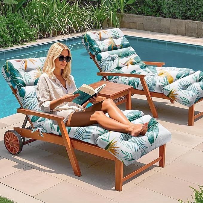 4 Pack Outdoor Chaise Lounge Chair Cushion 75.1 x 22.8 x 4.7 Inches 100% Waterproof Replacement Cotton Patio Pool Lounge Chair Cushion for Outdoor Furniture with Ties,Yellow-Green Leaf