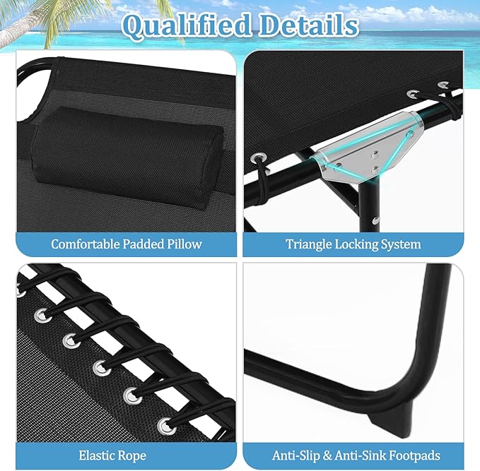 GYMAX Lounge Chairs for Outside, Extra High Folding Beach Tanning Lounger with 4-Level Adjustable Backrest, 2-Level Footrest & Removable Pillow, Sunbathing Lounge for Patio, Lawn, Poolside (2, Black)