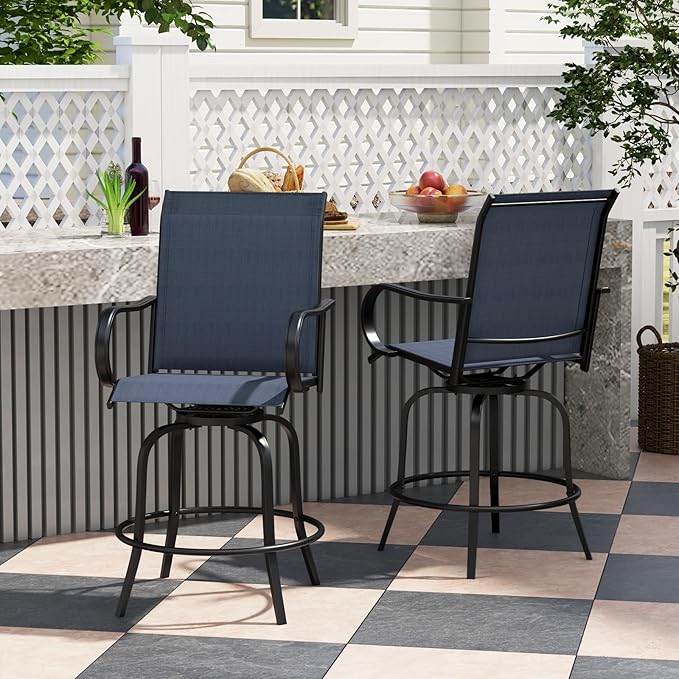 Giantex Set of 4 Swivel Outdoor Bar Stools, All-Weather Bar Height Patio Chairs, 330LBS Capacity, 360 Rotating Outside Bar Chairs with High Back Armrests, for Porch Yard Lawn Garden Pool (Navy)