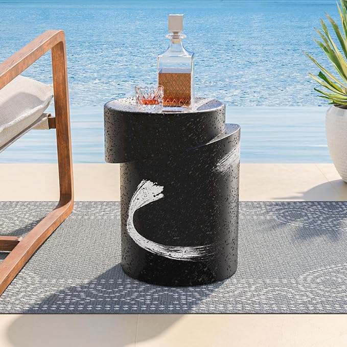 COSIEST Outdoor Side Table Black, Cylinder Shaped MgO Concrete Side Table, Lightweight Accent Table w Scrawl Patio End Table, Round Plant Stand for Garden and Deck