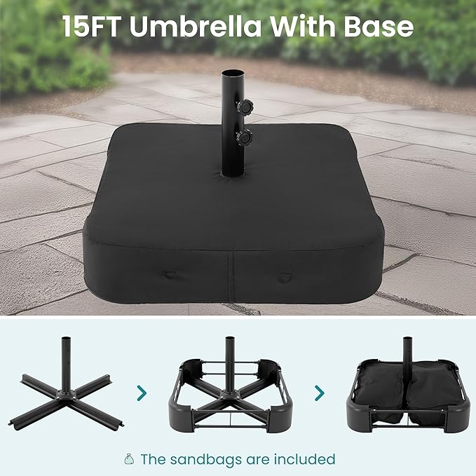 DUMOS 15FT Large Patio Umbrella with Base Included, Rectangle Table Umbrella Outdoor Patio, Outside Umbrellas for Deck, Market, Backyard, Blue