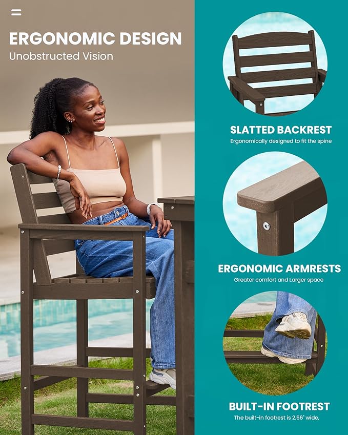 SERWALL Tall Adirondack Chairs Set of 2, Oversize Balcony Adirondack Chairs Set, Outdoor Bar Height Barstools Widened Chair Set for Bistro, Poolside, Garden, Coffee