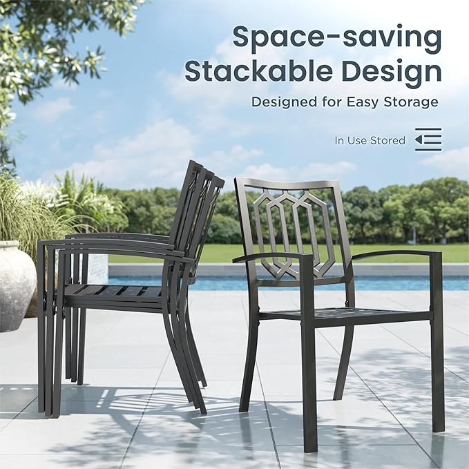 PHI VILLA 5 Piece Outdoor Dining Set for 4, 37" Square Metal Table with Polywood Top & Stacking Wrought Iron Chairs, Outside Furniture for Patio, Deck, Yard, Porch