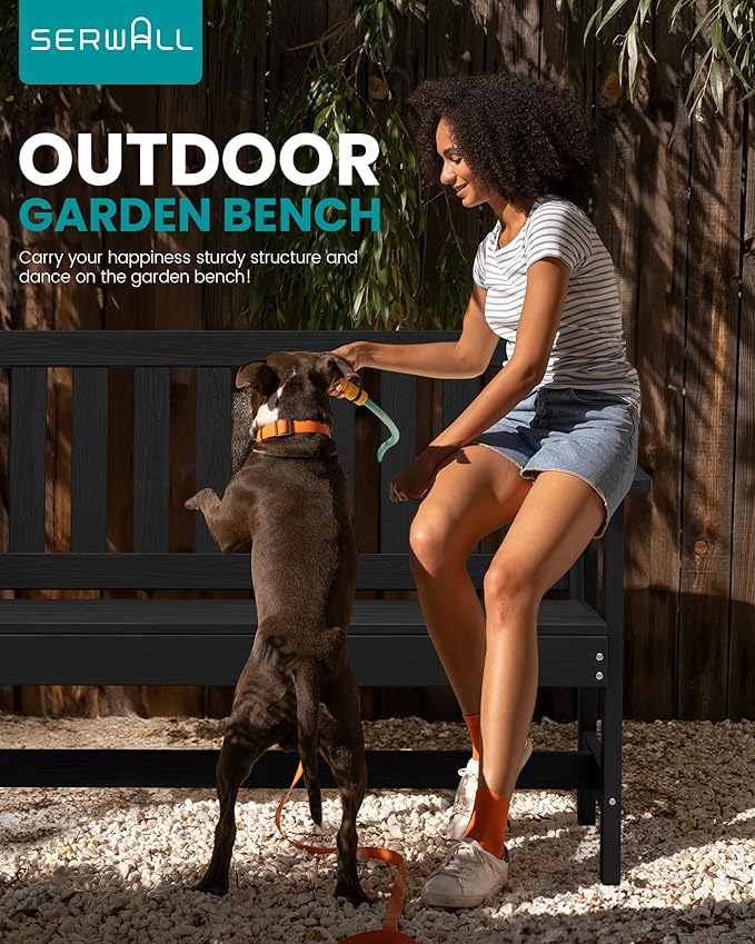SERWALL Outdoor Bench, HDPE Outdoor Benches Weatherproof, 2-Person Garden Bench with 660 lbs Weight Capacity, Patio Benches for Outdoors, Garden, Porch, Backyard and Park, Black, 2 Pack