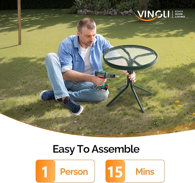 VINGLI Outdoor Side Table, 18" Patio Table Steel Frame Tempered Glass Top, Weatherproof Small Tables for Balcony Garden Poolside (Green, Round)