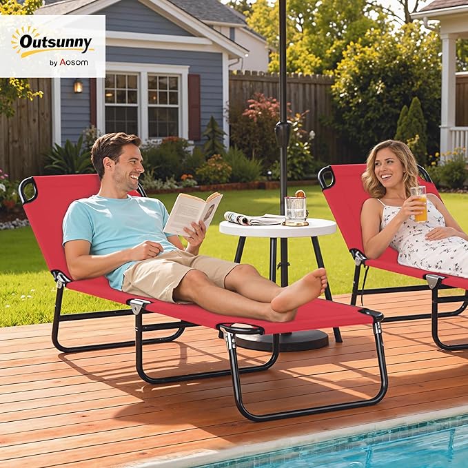 Outsunny Folding Chaise Lounge Pool Chairs, Outdoor Sun Tanning Chairs with 5-Level Reclining Back, Steel Frame for Beach, Yard, Patio, Red
