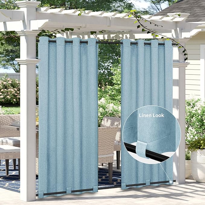Easy-Going Linen Look Outdoor Curtains Waterproof Windproof Porch Curtains, Soft Thicken Outdoor Privacy Curtains for Patio, Gazebo, Grommet Top and Tab Bottom Drape, 1 Panel, 54x120 inch, Sky Blue