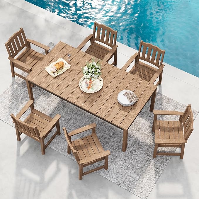 Stoog 7-Piece All-Weather Patio Dining Set, HIPS Dining Table with Cross-Braced Aluminum Frame & Umbrella Hole, 6 Waterproof Chairs, Fade & Rot Resistant, for Backyard, Garden, Deck, Teak