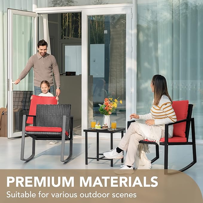 Devoko 3 Piece Rocking Bistro Set Wicker Patio Outdoor Furniture Porch Chairs Conversation Sets with Glass Coffee Table (Red)