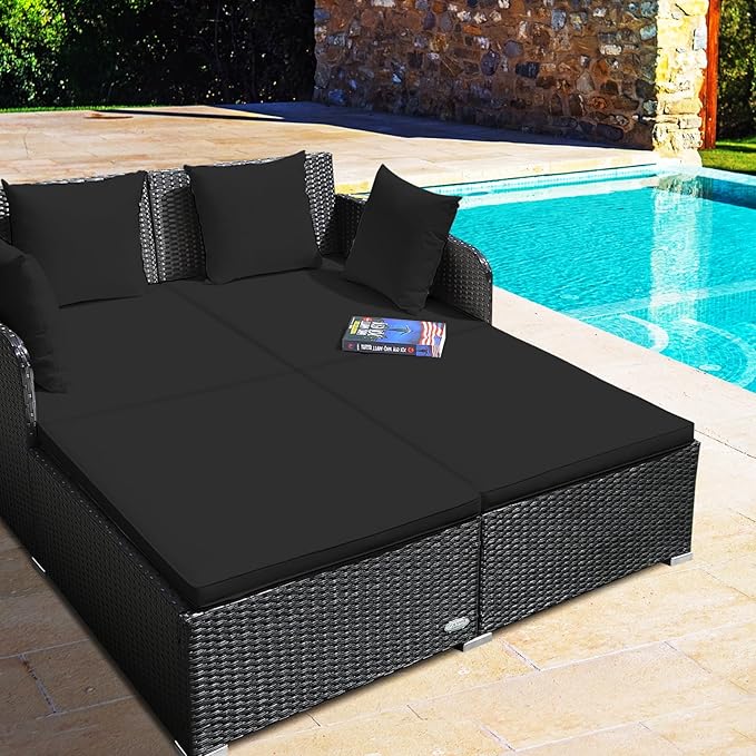 RELAX4LIFE Rattan Patio Outdoor Daybed, Wicker 2-Person Sunbed Loveseat with Soft Cushions, 4 Pillows, Curved Backrest & Armrest, Double Bed Lounger Sofa Set for Balcony Porch, Patio Bed (Black)