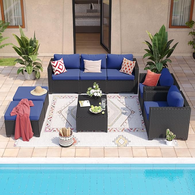 Aoxun 8 Piece Outdoor Patio Furniture Set 7 Seats, Outdoor Sectional with Thick Waterproof Cushions & Storage Coffee Table, Patio Conversation Sets for Garden,Backyard, Porch, Balcony, Deck, Blue