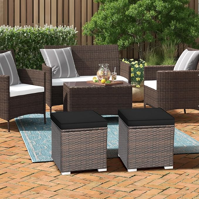 RELAX4LIFE Wicker Outdoor Storage Ottoman, 2-Piece Rattan Footstool w/Removable Cushion, Multipurpose Footrest Stool Side Table Additional Seating, Set of 2 Outdoor Ottomans for Patio Deck (Black)