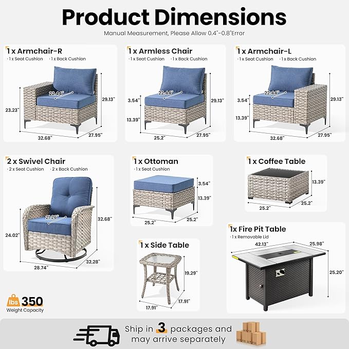 ovios 9-Piece Patio Furniture Set with L-Shape Sofa Chaise, Outdoor Sectional Couch Swivel Gliders Fire Pit Table, Modern Modular Wicker Rattan Conversation Set, Denim Blue