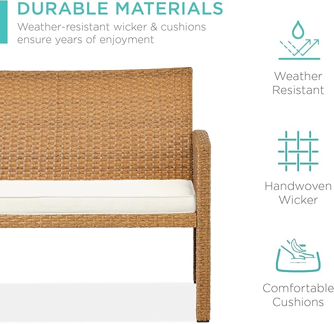 Best Choice Products 4-Piece Outdoor Wicker Patio Conversation Furniture Set for Backyard w/Coffee Table, Seat Cushions - Natural/Ivory