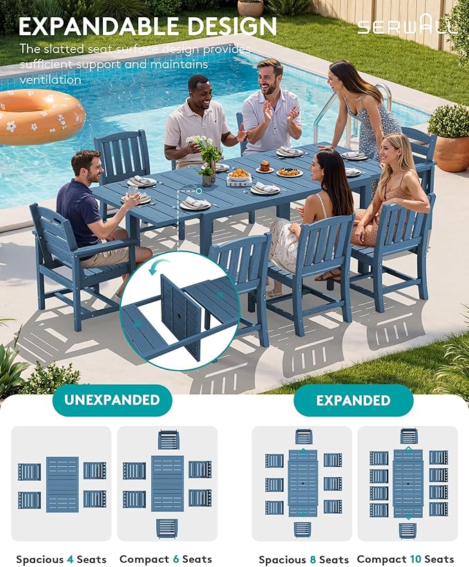 SERWALL 7-Piece Outdoor Dining Set, 60" - 83" Expandable Outdoor Dining Table and 6 HDPE Chairs, All Weather HDPE Outdoor Furniture Set for Backyard, Garden, Blue