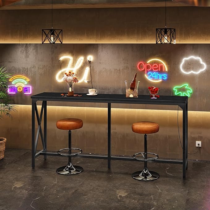 63'' Bar Table, Kitchen Dining Table with Power Outlet and Footrest, Industrial Style, for Pub, Living Room, Black TBT07UBB