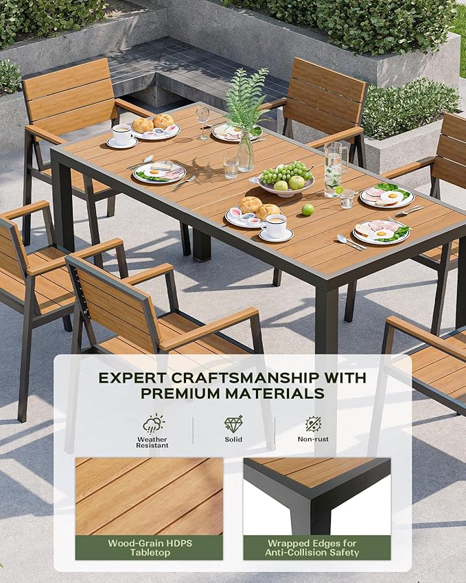 67" HDPS Outdoor Patio Dining Table, Aluminum-Edged Outdoor Dining Table with Umbrella Hole, Weather-Resistant for Lawn, Garden, Poolside and Indoor Use, Gray&Teak