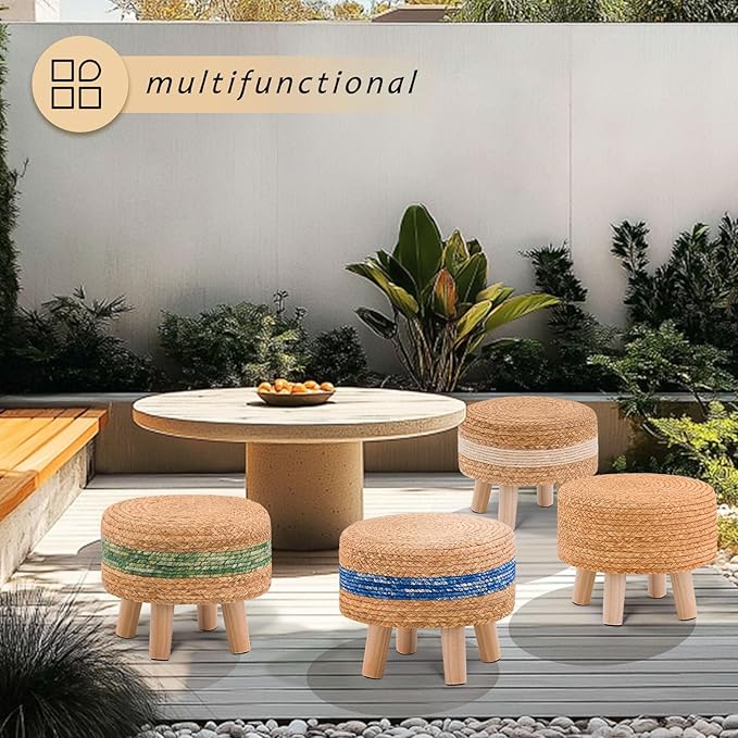 Handwoven Round Ottoman, Natural Water Hyacinth Outdoor Patio Pouf Seagrass Low Stool with Wood Legs, Soft Padded Footrest for Living Room Bedroom Garden, Blue